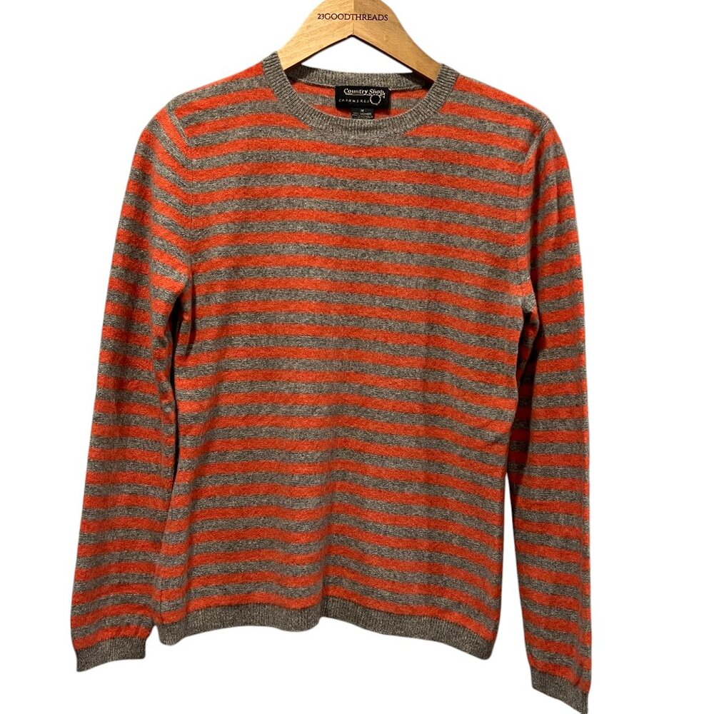 Country Shop Striped Cashmere Crew Sweater, Gray Orange, M